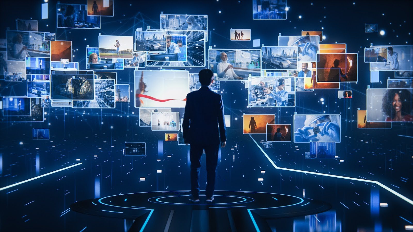 Man in a suit stands in a blue room full of holograms of different movie titles | 7 Movies Like 10 Things I Hate About You