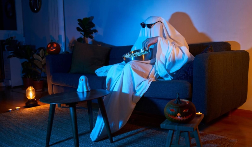 Man in ghost costume watching movie | Best Halloween movies